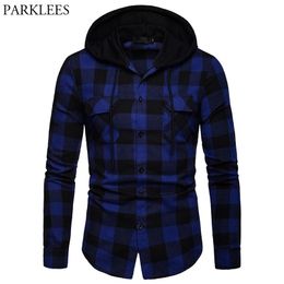 Fashion Buffalo Plaid Shirt Men Brand Casual Grid Check Pattern Hooded Dress Shirts Mens Slim Fit Long Sleeve Chemise 210522