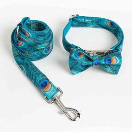 Personalised Peacocks Pattern Dog Collar Tow Rope Set with Bow Tie & leash For Small Medium Dogs New Fashion Pet Supplies