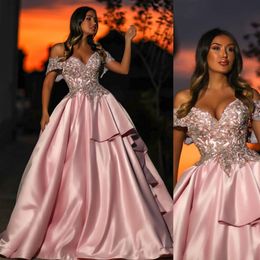 Pink Lace Beaded Quinceanera Prom Dresses Sweetheart Ball Gown Satin Sexy Evening Party Sweet 16 Dress