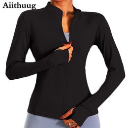 Women's Long Aiithuug Sleeves Sports Running Shirt Breathable Gym Workout Top Women's Yoga Jackets with Zipper with Finger Holes 211224