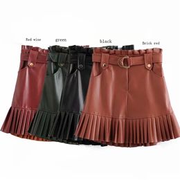 4 Colours Chic Pu Leather Mini Skirt with Belt Za Fashion Women High Waist Pleated Skirts womens Casual Streetwear Party Faldas 210629