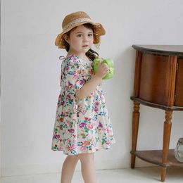 Girl Casual Dresses 2021 New Summer Kids Flowers Print Clothing Korean Style Children Short Sleeve Cotton Princess Vestidos Q0716