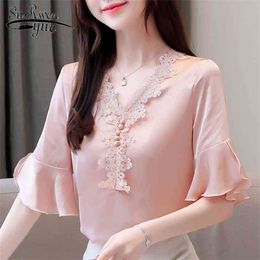 Summer Women Tops and Blouse Fashion Short Sleeve V-neck Solid Pink Plus Size Clothing Blusas 4890 50 210521