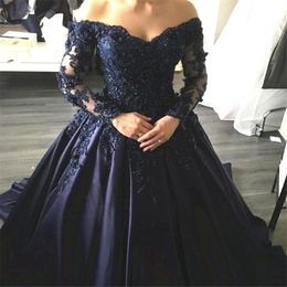 2021 Navy Blue Lace Appliques Long Sleeves Prom Dress Ball Gowns Off Shoulder Crystals Evening Dress Party Dress Formal Gowns