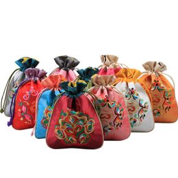 10pcs Chinese Embroidery Small Satin Favour Bags Christmas Wedding Party Drawstring Jewellery Packaging Birthday Gift Pouches