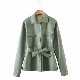 Elegant women green PU leather-clad fashion lady pocket jackets streetwear female bow sashes slim jacket girls chic suits 210427