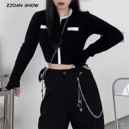 Autumn French Contrast Colour Knitting Crop Cardigan Women Round Collar Single-breasted Sweater Long sleeve Short Jumper 210429