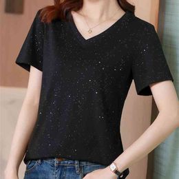 Korean style Summer Cotton T-shirt Tops Women Short Sleeve Casual V Neck Large size M-3XL 210507