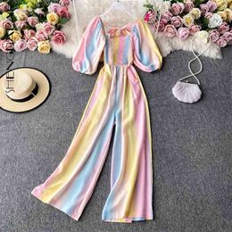 Rainbow Gradient Color Jumpsuit Women's Summer Square Collar Short Sleeve Lace Up Wide Leg Jumpsuits 5E231 210427