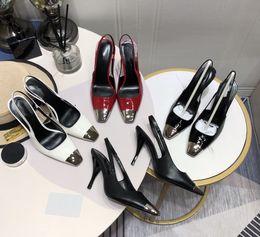 Женская бренд обувь коровьей кожи высокие каблуки сексуальные металл заостренные носки подошвы насосы поставляются с логотипом коробки свадебные вечеринки платье обуви сандалии размер 35-40 черный белый красный