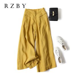 Summer Women Aesthetic Style Elastic Waist Solid Pants All-matched Casual Wide Leg Cotton Linen Loose Pantalon RZBY260 211105