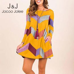 Jocoo Jolee Casual Long Sleeve O Neck T Shirt Dress Vintage Geometry Pattern Pockets A Line Dress Female Simple Slim Mini Dress 210518