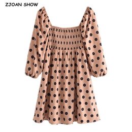 Holiday Style Square Collar Polka Dot Print Dress Sweet Women Puff Sleeve Elastic Ruched Woman Dresses Female Clothes 210429