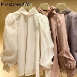 kuzuwata Autumn Japan Style New All-match Women Blouse Sweet Stand Collar Puff Sleeve Chiffon Shirt Chic Bow Drawstring Blusas 210401