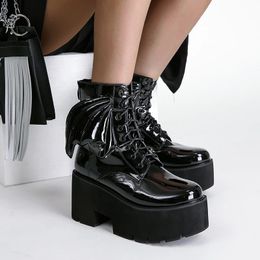 Women Shoes Boots Ankle Autumn Wedges Shoes New Wing Patent Leather Black Platform Boots Punk Style Designer Boots Bota Feminina