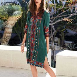 ZANZEA Women Bohemian DrAutumn V Neck 3/4 Sleeve Floral Printed SundrFemme Robe Split Hem Beach Vestido Vintage Dresses X0529