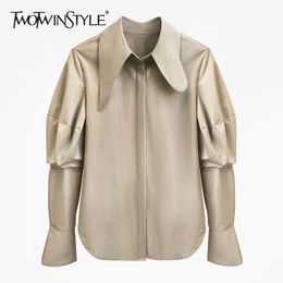 Asymmetrical Khaki Shirt For Women Lapel Puff Sleeve Casual Solid Blouse Female Autumn Fashion Clothing 210524