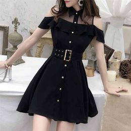 Korean OL Single Breasted Women Summer Dress Sweet Chic Black office work Short mini Dresses With Belt Vestidos jurken 210623