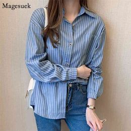 Autumn Casual Shirts Woman Blue Stripe Women Tops And Blouses Chic Loose Office Female Coat Harajuku Shirt 10429 210512