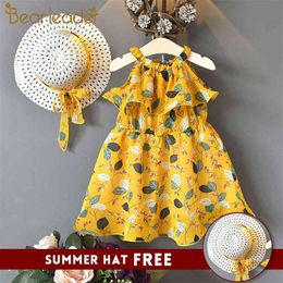 Girls Clothing Summer Dresses Cute Floral Ruffled Chiffon Bohemian with Cap Princess 210429