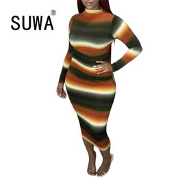 Product Colorful Striped Print High Neckline Long Sleeve Bodycon Evening Party Club Women Dress Free 210525