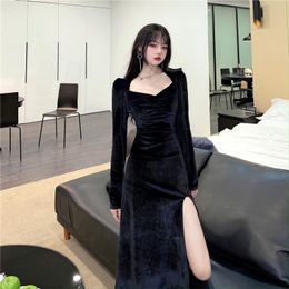 Casual Dresses Autumn 2021 Women's Side Split Bag Hip Waist Slim Temperament Velvet Long Sleeve Black