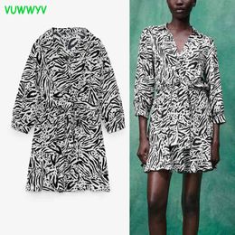 VUWWYV Dresses for Women White Black Animal Print Ruched Ruffle Mini Dress Woman Long Sleeve Elastic Waist Bow Knot Vestidos 210430