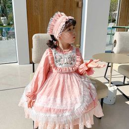 Girls Spanish Lotia Pink Dress with Headwear Toddler Long Sleeve Embroidery Spain Ball Gowns Eid Baptism Party Clothes 210615