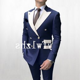 Handsome Double-Breasted Groomsmen Peak Lapel Groom Tuxedos Men Suits Wedding Prom Man Blazer ( Jacket+Pantst+Tie) Y353
