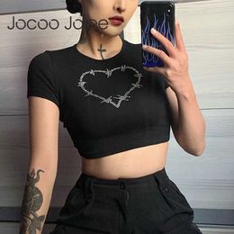 Jocoo Jolee Women Summer Basic Casual Sexy lovely Navel Street Style Cropped Tops Slim Diamonds Hit Colour Club Tee 210619