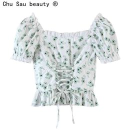 Korean Slim Vintage Summer Square Neck Cross Tie Print Short Sleeve Ruffled Blouses Woman Crop Tops 210508