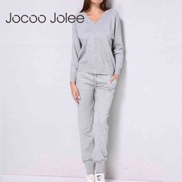 Women Sweater Suit Casual V Neck Knitted Sweaters Pants Two Pieces Track Suits Trousers and Jumper Clothing Set 210428