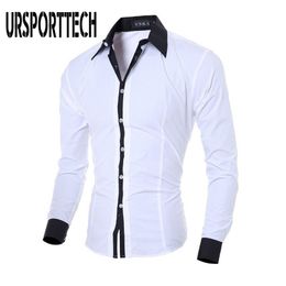 URSPORTTECH Men's Shirt Long Sleeve White Tops Fashion Solid Colour Casual Shirts Slim Fit Plain Men Clothing Black Grey 210708