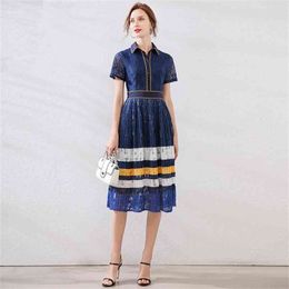 Runway Designer High Quality Summer Women Fashion Party Elegant Chic Stripe Panelled Lace Midi Pleated Dresses 210603