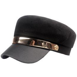 Berets Snapback Cap 2022 Ladies Navy Retro Military Hats Women's Flat Caps Elegant Metal Buckle Decoration Fashion HatBerets