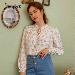 chic bow tie white lace woman Fashion silk long sleeve ruffle front blouse Vintage floral autumn tops 210414