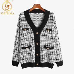 Autumn And Winter Fashion Runway Women Luxury plaid design Buttons Knitted Jacket Elegant Sweater Outwear jacquard Jackets coat 210520