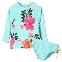 Baohulu Uv Spf 50+ Sun Protection Swimwear Kids Cyan Long Sleeve Girls Two Pieces Set Swimsuits Bikini Swimsuit