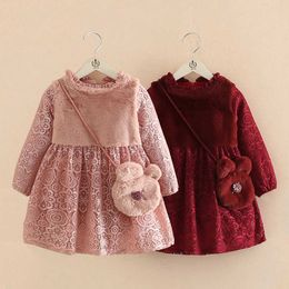 Winter 2-6 7 8 9 10 Years Teenage Cute Chirstmas Gift Embroidery Kids Baby Girls Lace Thickening Princess Dress With Bag 210529