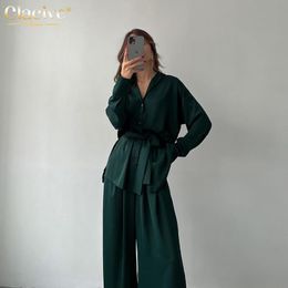Women's Two Piece Pants Clacive Elegant Loose Green Satin Trouser Suits Female Casual Lace-up Shirts Set Women Fashion High Waist Sets
