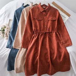 vestidos Vintage dress female autumn retro literary high waist drawstring lace up slim Cotton linen women clothes 210420