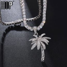 Hip Hop Bling Iced Out Micro Paved CZ Palm Tree Pendants & Necklaces For Men Rapper Jewellery With Tennis Chain