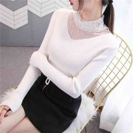 Bottoming Shirt Female Net Red Top Spring And Autumn Solid Colour V-neck Lace Sweater Slim 210427