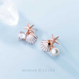 Rose Gold Color Starfish Shell Enamel Stud Earrings for Women 925 Sterling Silver Fashion Jewelry Brincos Drop 210707