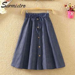 Knee Lenth Denim Skirt Women For Spring Summer Korean Blue Striped High Waist Sun School Midi Female 210421