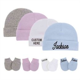 Personalised Newborn Baby Hat & Gloves for 0-3M Baby Cotton Hats Anti-Scratch Gloves Custom Name Unisex Baby Hat and Mittens Set Y21111