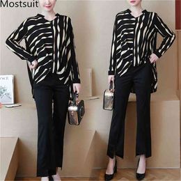 Plus Size Black Two Piece Sets Women Spring Striped Long Tops And Flare Pants Suits Casual Office Korean 2 Set 210513