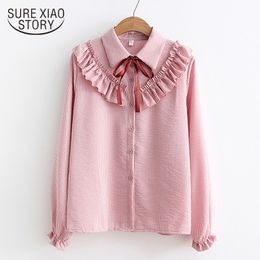 Fashion Feminine Chiffon Long Sleeve Bow Ruffles Office Lady Shirts Blouses Casual Pink Women Clothing 5141 50 210417