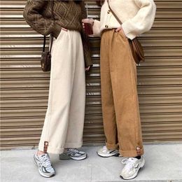 HOUZHOU Brown Corduroy Wide Leg Pants Women Korean Fashion Beige Trousers For Female Oversize High Waist Spring Loose 211115