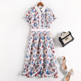 Elegant Multicolor Flower Print Women Lace Runway Summer Girls Short Sleeve Hollow Out Casual Party Midi Dress Vestidos 210416